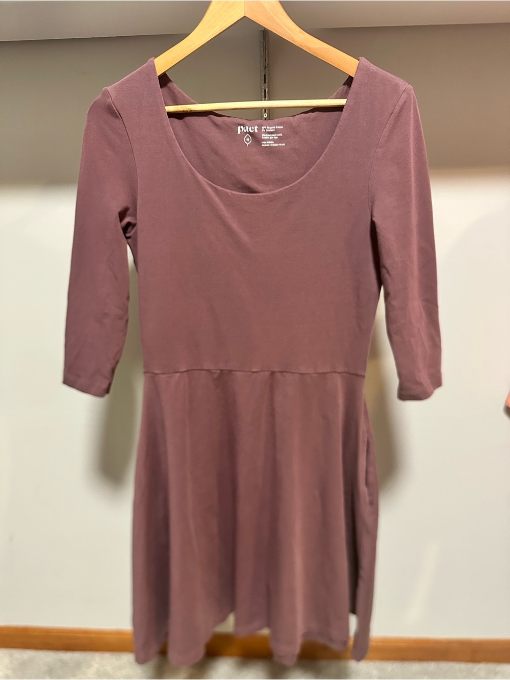 Pact Mauve 3/4 Sleeve Scoop Neck Organic Cotton A line Dress Women’s M
